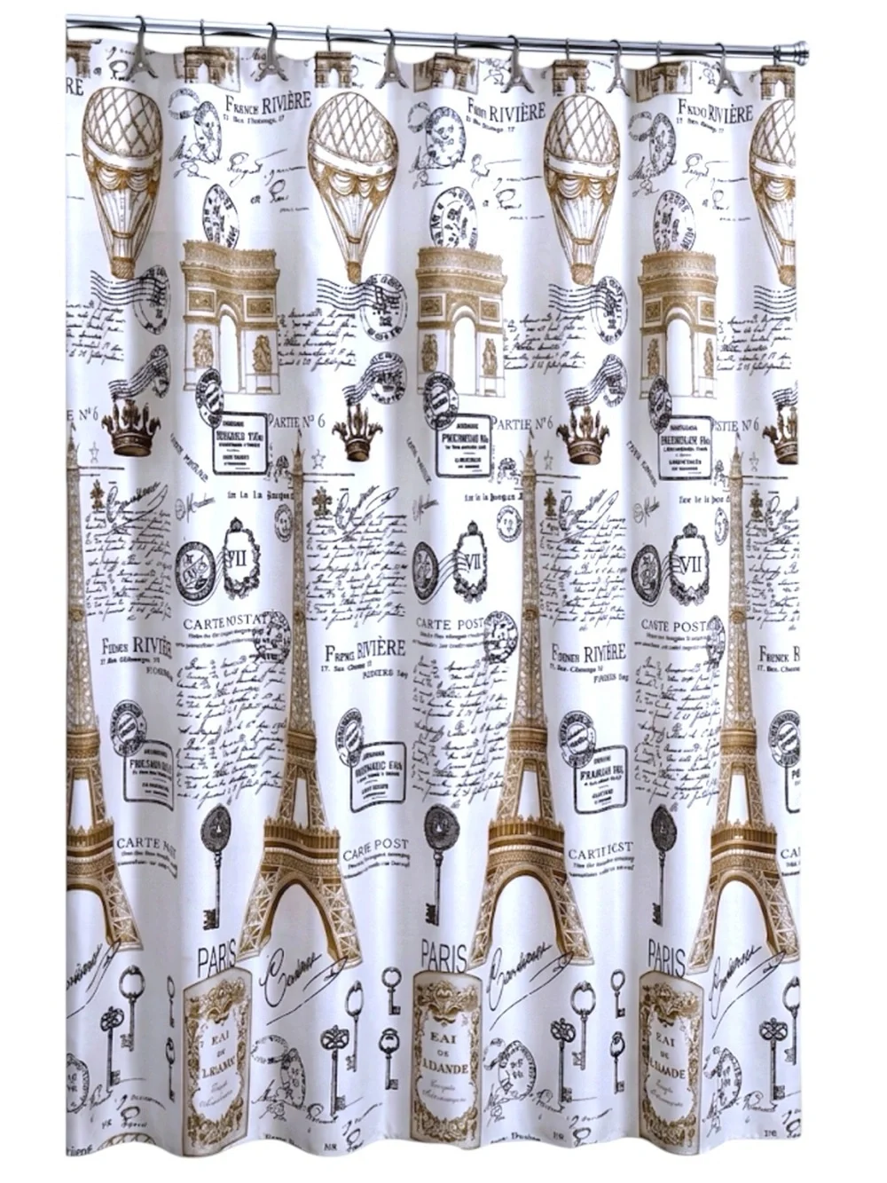 Paris Eiffel Tower Material Fabric Shower Curtain White Gold 70’x 72” NEW